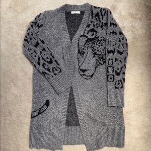 Anthropologie Gray Leopard Intarsia Open-Front Cardigan